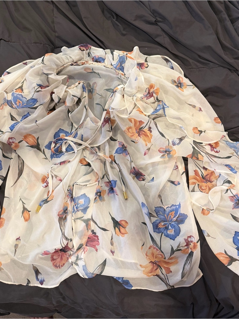 Philosophy Sheer Floral Tie-Neck Blouse - White with Blue & Orange Flowers